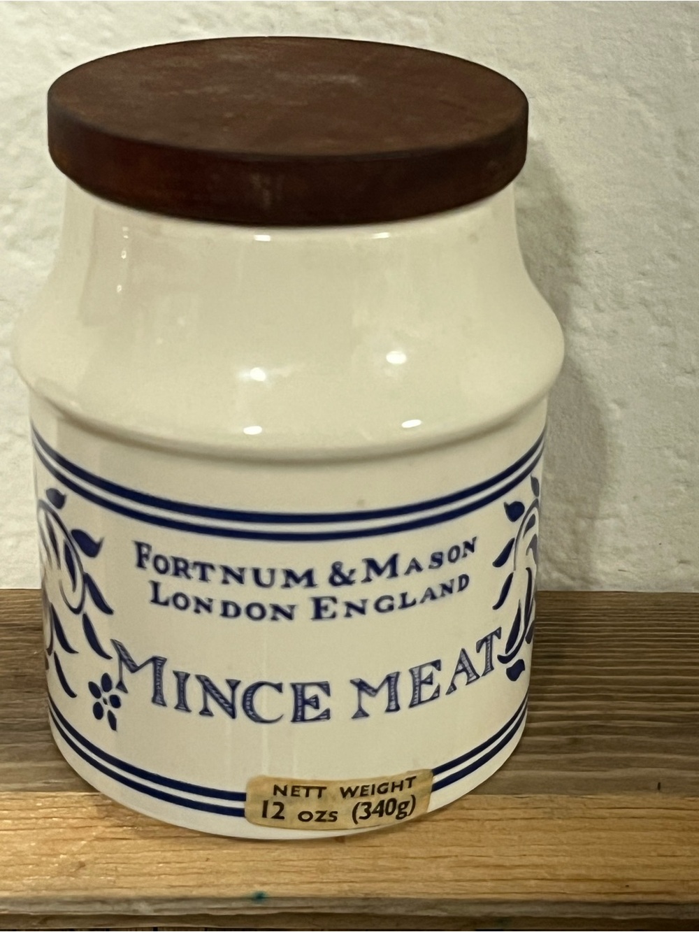 Fortnum & Mason White Ceramic 'Mince Meat' Storage Jar with Blue Detailing
